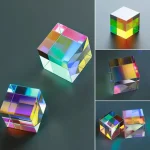 Cubo de luz com efeito dicroico, refletindo cores vibrantes, visto de vários ângulos, com detalhes de diferentes faces e cores.