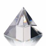 Prisma de vidro transparente com forma de pirâmide, usado para dispersão da luz em experimentos de óptica.