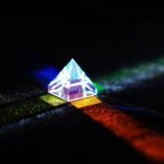 Prisma piramidal de vidro transparente com luzes coloridas refletidas na superfície escura, mostrando dispersão de luz em várias cores.