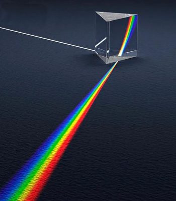 Prisma triangular de cristal dispersa luz branca formando um espectro de cores no chão escuro.