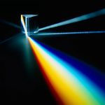 Prisma triangular em cristal dispersa luz branca em várias cores, com raios de luz coloridos projetados em diferentes direções.