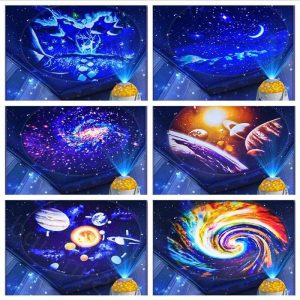Projetor de céu estrelado com imagens de galáxias, planetas e espaço, projetado numa superfície escura, com luz azul e detalhes brilhantes.
