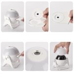 Dispositivo de projeção de céu estrelado com tampa removível, controle e base de suporte, mostrando diferentes ângulos e detalhes do produto.