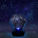 Projetor de constelações em forma de dodecaedro a projetar estrelas no teto, com várias constelações visíveis no céu estrelado.