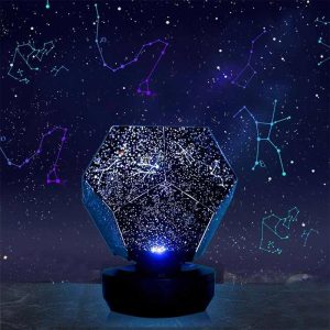 Projetor de constelações em forma de dodecaedro a projetar estrelas no teto, com várias constelações visíveis no céu estrelado.