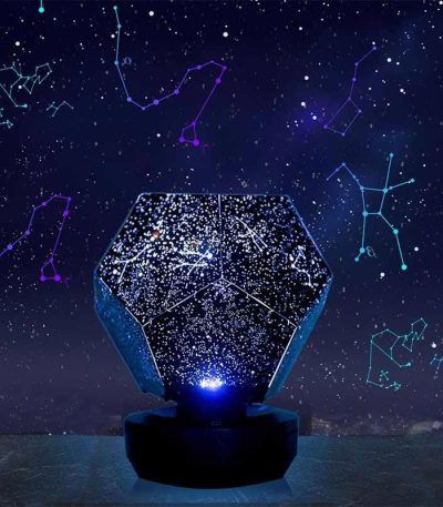Projetor de constelações em forma de dodecaedro a projetar estrelas no teto, com várias constelações visíveis no céu estrelado.