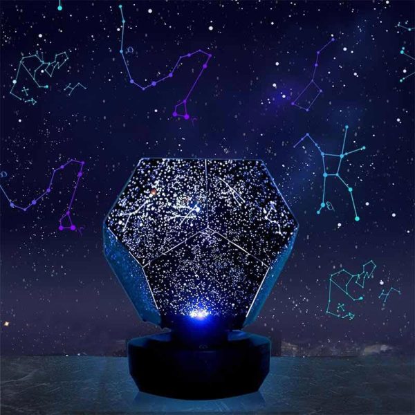 Projetor de constelações em forma de dodecaedro a projetar estrelas no teto, com várias constelações visíveis no céu estrelado.