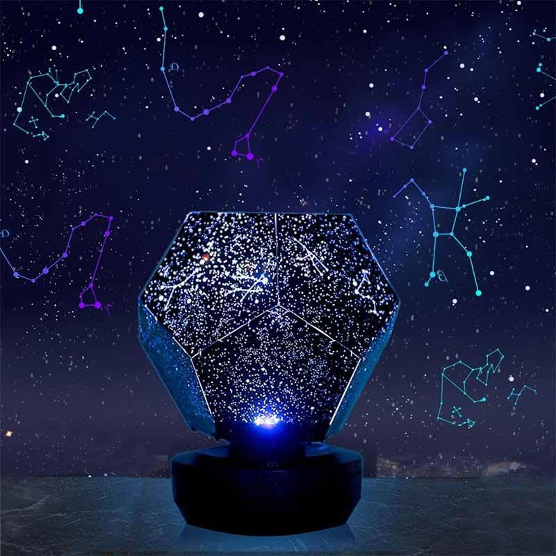 Projetor de constelações em forma de dodecaedro a projetar estrelas no teto, com várias constelações visíveis no céu estrelado.