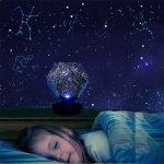 Projetor de constelações com várias figuras de estrelas e constelações no teto, projetado para criar ambiente de céu estrelado na parede.