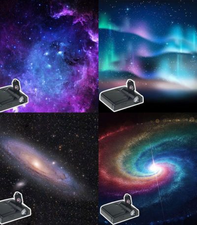 Projetor de luzes estelares com imagens de galáxias, nebulosas e auroras boreais, mostrando diferentes projeções do produto.