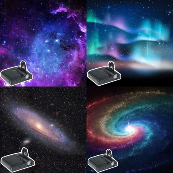 Projetor de luzes estelares com imagens de galáxias, nebulosas e auroras boreais, mostrando diferentes projeções do produto.