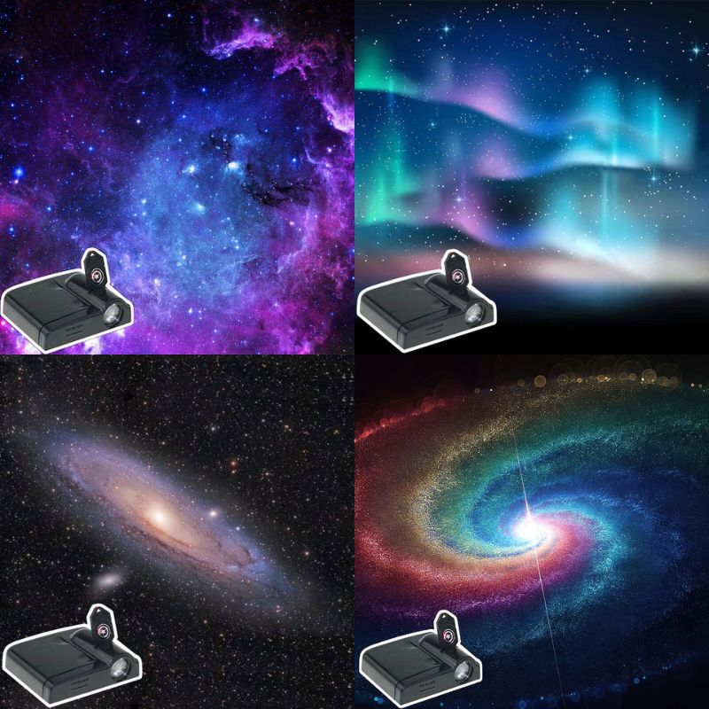Projetor de luzes estelares com imagens de galáxias, nebulosas e auroras boreais, mostrando diferentes projeções do produto.