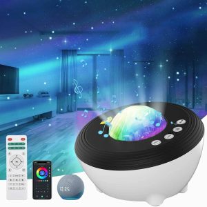 Projetor de céu estrelado com luzes LED coloridas, controle remoto, altifalante e aplicação móvel, projetando estrelas e galáxias no teto de um quarto escuro.