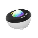 Projetor de céu estrelado com luzes coloridas e painel de controlo com botões.