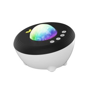 Projetor de céu estrelado com luzes coloridas e painel de controlo com botões.