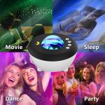 Projetor de céu estrelado com diferentes modos: Movie, Sleep, Dance e Party, exibindo imagens de pessoas a assistir, dormir, dançar e a celebrar.