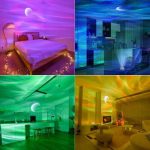 Quarto com projeções de estrelas e luas em diferentes cores, incluindo rosa, azul, verde e amarelo, criando ambientes relaxantes e mágicos.