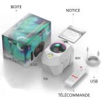 Projetor de estrelas com luzes coloridas, controle remoto, cabo USB, manual e caixa de embalagem.