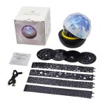 Projetor de galáxia com luz noturna, várias lentes de projeção, cabos e manual de instruções.