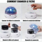 Passos para trocar o filtro do projetor de galáxia, incluindo remover o cúpula, escolher e colocar o filtro, e recolocar a cúpula.