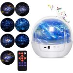 Projetor de galáxia com luzes coloridas, controle remoto e diferentes modos de projeção, ideal para decoração de quarto ou ambiente relaxante.