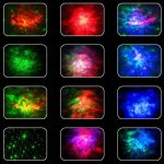 Coleção de imagens de efeitos de luz de galáxias e nebulosas em cores variadas, incluindo vermelho, verde, azul e rosa, com diferentes padrões de estrelas e nuvens cósmicas.