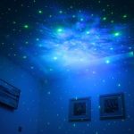 Projeção de estrelas verdes e azuis no teto de uma sala escura, criando efeito de céu estrelado com luzes brilhantes e nebulosas.