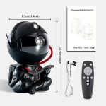 Mini projetor de nebulosa em forma de astronauta com acessórios, incluindo controle remoto, cabos e manual, ideal para decoração de ciência e iluminação temática.