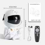 Mini projetor de nebulosa com design de astronauta, incluindo controle remoto, cabos e manual de instruções, ideal para decoração de ciência e brinquedos educativos.