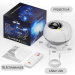 Projetor de galáxias com lente esférica, caixa com ilustrações, controlo remoto, cabo USB e instruções.