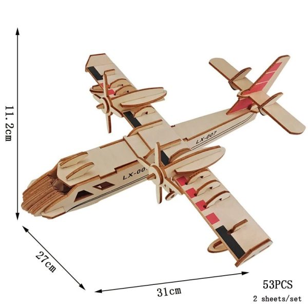 Modelo de avião de madeira 3D com partes destacadas, incluindo asas, cauda e cabine, com dimensões indicadas na imagem.