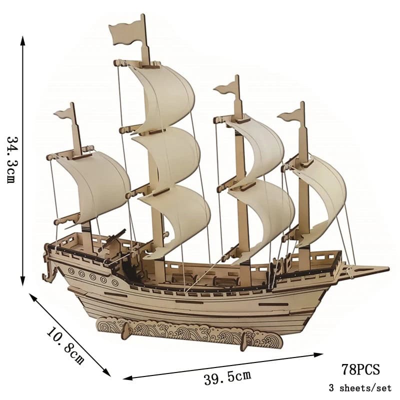 Barco Puzzle 3D para Montar Modelo de barco de madeira em miniatura com velas e bandeiras, vista frontal e lateral, com dimensões indicadas.