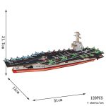 Modelo de quebra-cabeça 3D de um navio de guerra com detalhes de casco, convés e torre de comando, medindo aproximadamente 51x13x31,7cm.