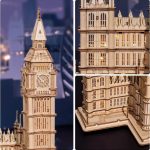 Detalhes do modelo 3D do Big Ben em madeira, mostrando a torre com relógio e detalhes arquitetónicos, incluindo a base e as janelas.