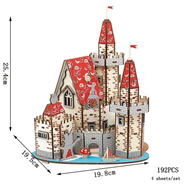 Castelo de puzzle 3D com torres altas, muralhas e detalhes em vermelho e cinza, incluindo bandeiras no topo das torres.