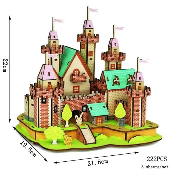 Castelo de puzzle 3D com torres, janelas, portas, árvores e figuras de animais, vista frontal com detalhes coloridos e elementos de construção.