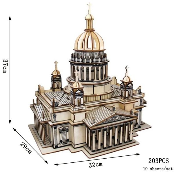 Modelo de puzzle 3D da Catedral de Santo Isaac com detalhes arquitetónicos e cúpula dourada, medindo 37 cm de altura, 32 cm de largura e 29 cm de profundidade.