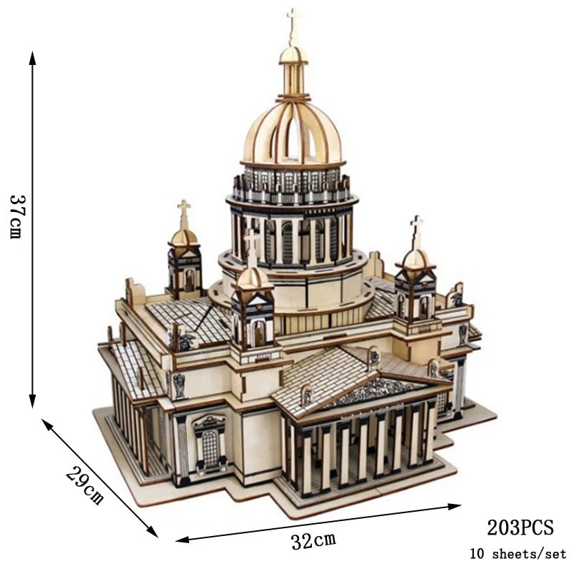 Puzzle 3D Catedral de Santo Isaac Modelo de puzzle 3D da Catedral de Santo Isaac com detalhes arquitetónicos e cúpula dourada, medindo 37 cm de altura, 32 cm de largura e 29 cm de profundidade.