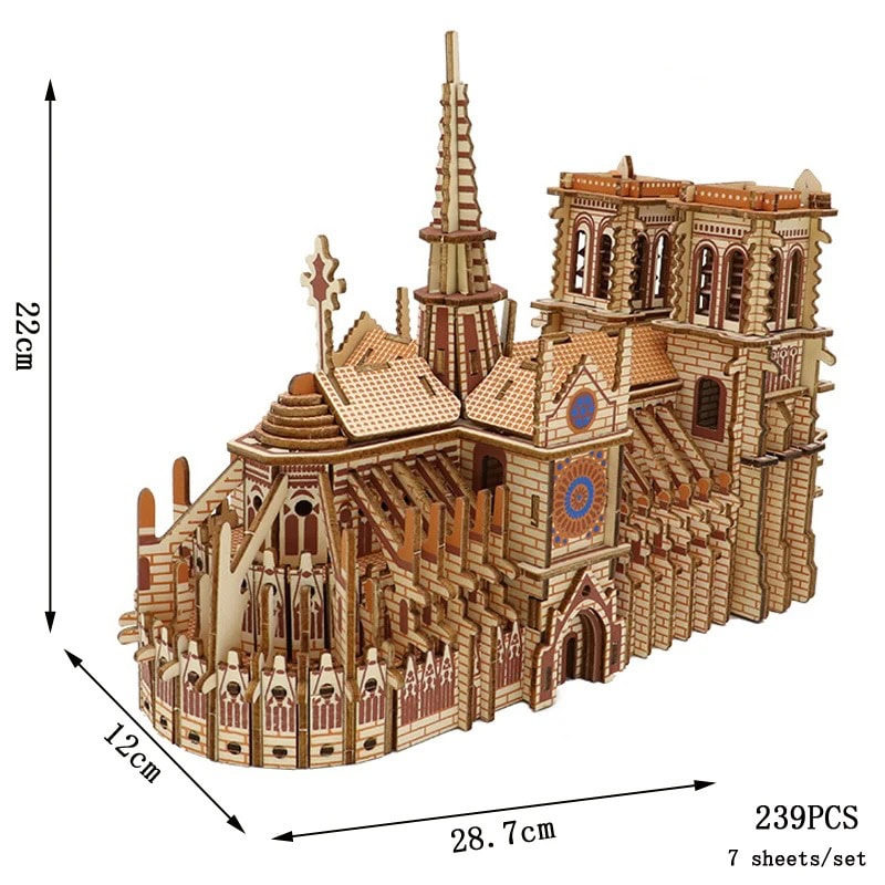 Puzzle 3D Catedral Notre-Dame Modelo de puzzle 3D da Catedral Notre-Dame, com detalhes arquitetónicos, torres e elementos decorativos, visto de frente com dimensões indicadas.