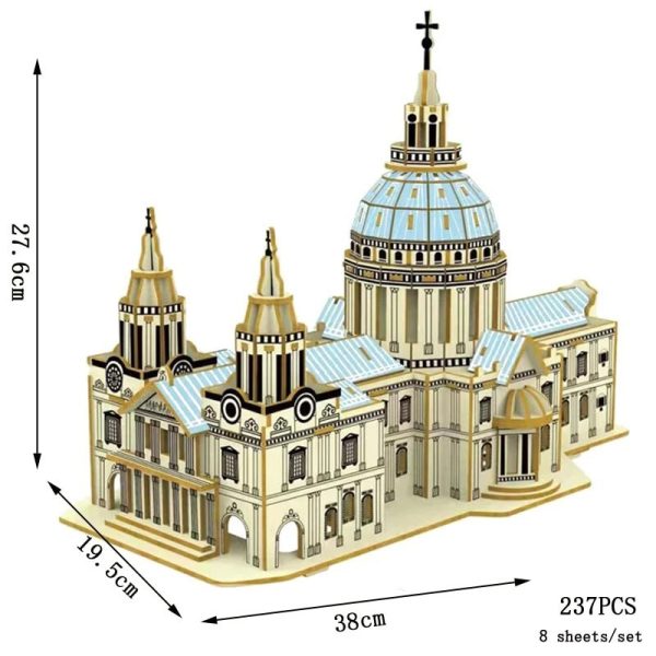 Modelo de puzzle 3D da Catedral de São Paulo com detalhes arquitetónicos, cúpula grande e torres laterais, em cores claras e detalhes dourados.