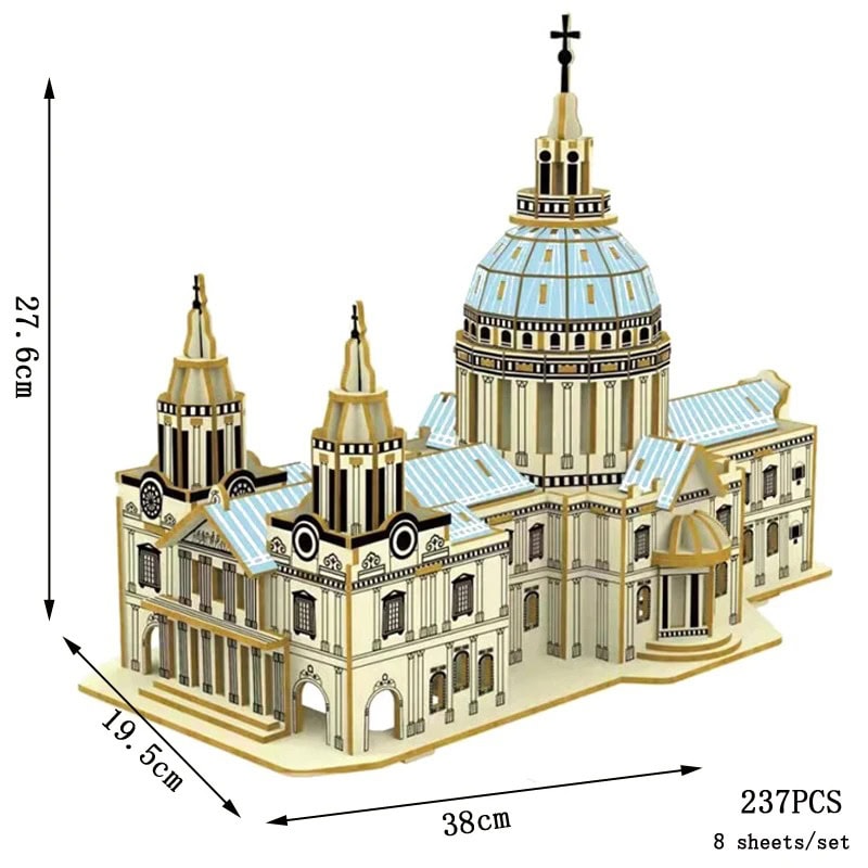 Puzzle 3D Catedral de São Paulo Modelo de puzzle 3D da Catedral de São Paulo com detalhes arquitetónicos, cúpula grande e torres laterais, em cores claras e detalhes dourados.