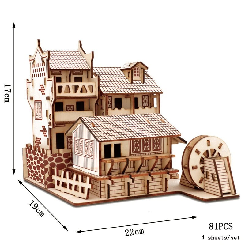 Puzzle 3D Cidade Antiga Fénix Modelo de casa antiga em madeira com torre, telhado de telhas, detalhes arquitetônicos e roda de moinho ao lado, medindo 17cm de altura, 22cm de comprimento e 19cm de profundidade.