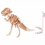 Peça de puzzle 3D de um dinossauro, vista lateral, com dimensões indicadas, feita de madeira, com detalhes do crânio, corpo e cauda.