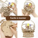 Montagem de um puzzle 3D de um globo com peças de madeira, mostrando diferentes ângulos e detalhes do produto.