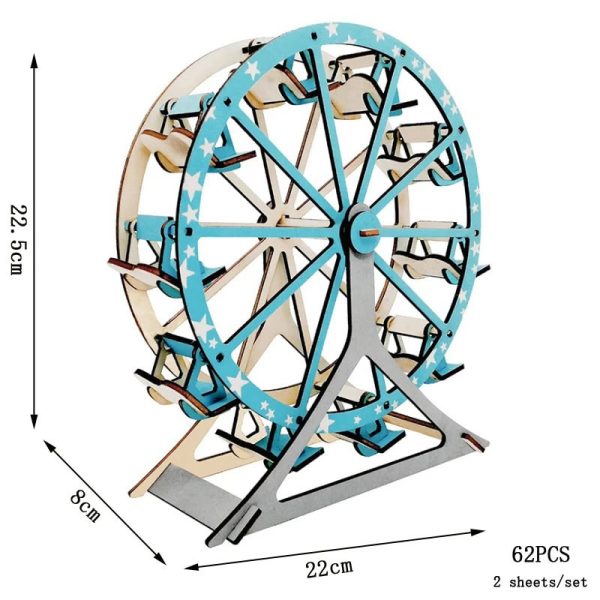 Roda de puzzle 3D com estrutura de madeira e detalhes azuis, medindo 22cm de diâmetro, com 62 peças, vista de lado com base e suporte.