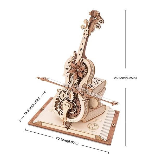 Modelo de instrumento musical em madeira com engrenagens visíveis, base de livro e dimensões indicadas, mostrando detalhes do mecanismo interno.