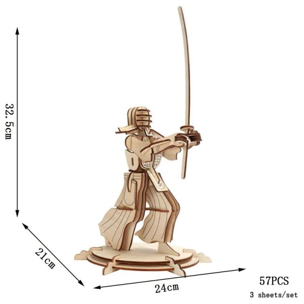 Peça de puzzle 3D de um samurai com armadura e katana, vista lateral, com dimensões indicadas e base de suporte.