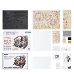 Componentes do puzzle 3D de labirinto com bola, incluindo peças de madeira, instruções, e acessórios para montagem.