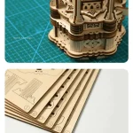Modelo de puzzle 3D luminoso em madeira, com peças detalhadas e instruções visíveis ao lado.