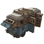 Mini van de puzzle 3D com detalhes em madeira, portas e janelas articuladas, teto com rack, vista frontal e lateral, peça de montagem.